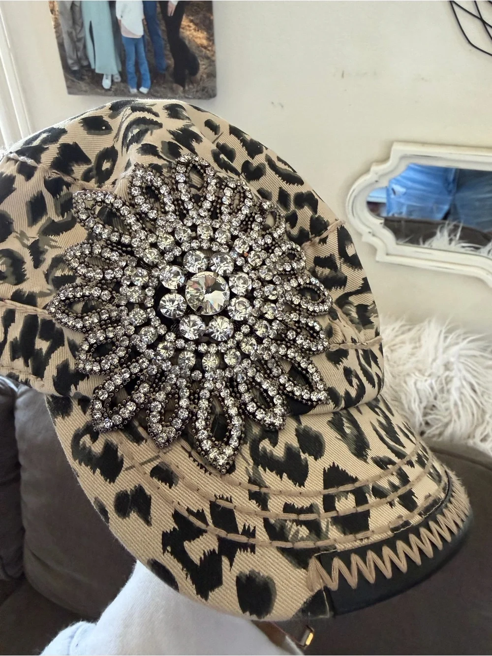 Bling bling  Beige and Black Leopard Cadet Hat with Rhinestone Brooch